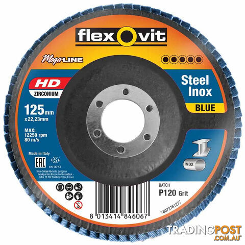 Zirconia Inox Angled Flap Disc 125mm 120Grit Flexovit Megaline 78072761277 Each