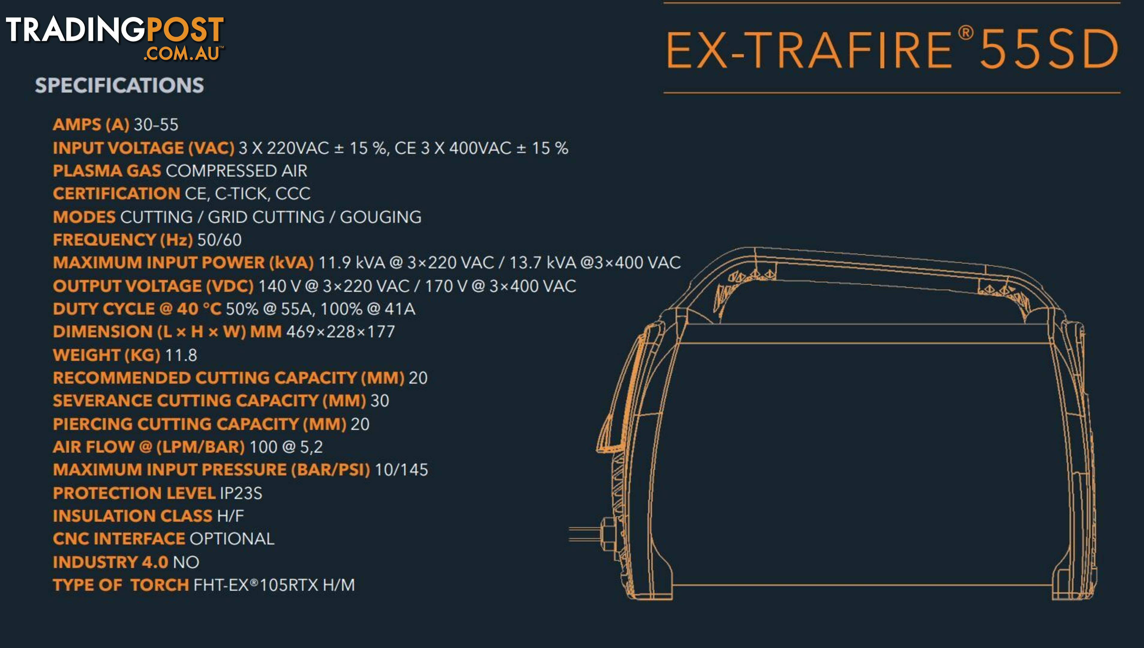 Plasma Cutter 55SD With 8 Metre Mechanized Torch Ex-Trafire EX55SD-M8M