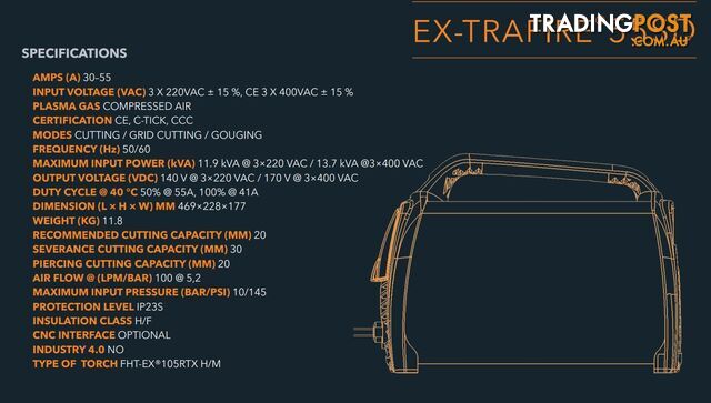 Plasma Cutter 55SD With 8 Metre Mechanized Torch Ex-Trafire EX55SD-M8M