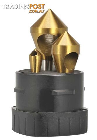 Triple Flute 90 degree 10, 20, 28mm HSS TiN Coated Crosshole Countersink Set 3...