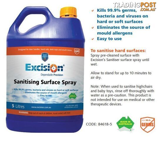 Sanitiser Surface Spray 5 Litres 70% Alcohol Excision 84618-5