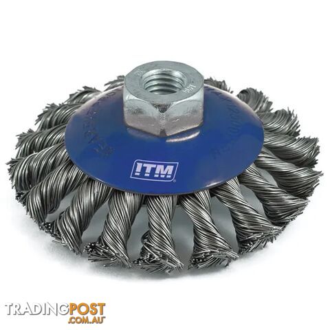 Twist Knot Bevel Brush Stainless Steel 100mm with Multi Bore Thread Adaptors ITM TM7002-210