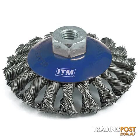 Twist Knot Bevel Brush Stainless Steel 100mm with Multi Bore Thread Adaptors ITM TM7002-210