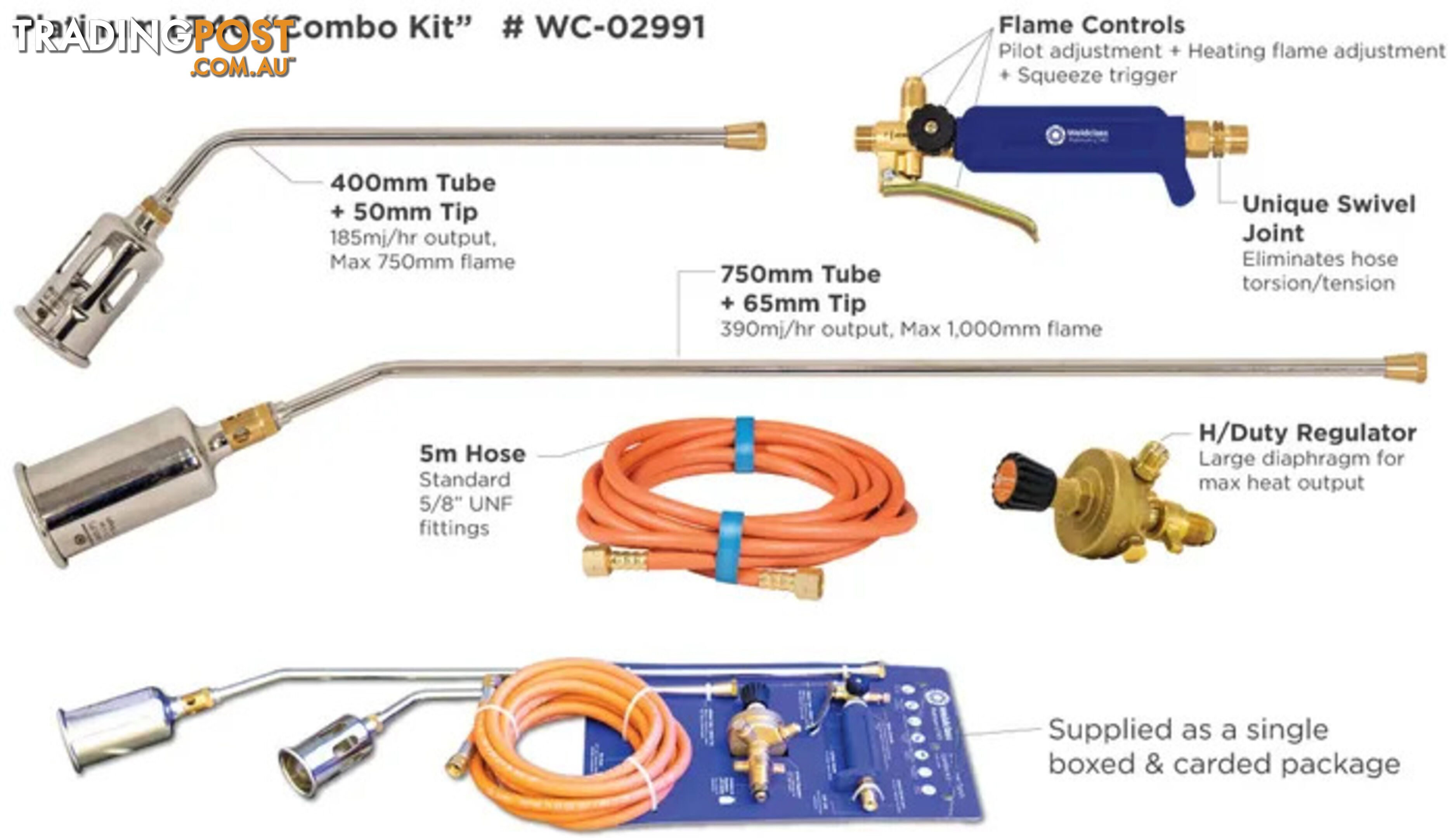 LPG Burner Torch Combo Kit Handle, 400/700mm Tube, 5 Metres Hose Weldclass WC-02991