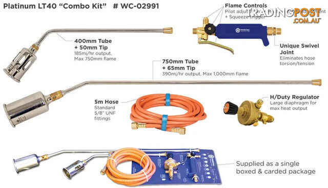 LPG Burner Torch Combo Kit Handle, 400/700mm Tube, 5 Metres Hose Weldclass WC-02991