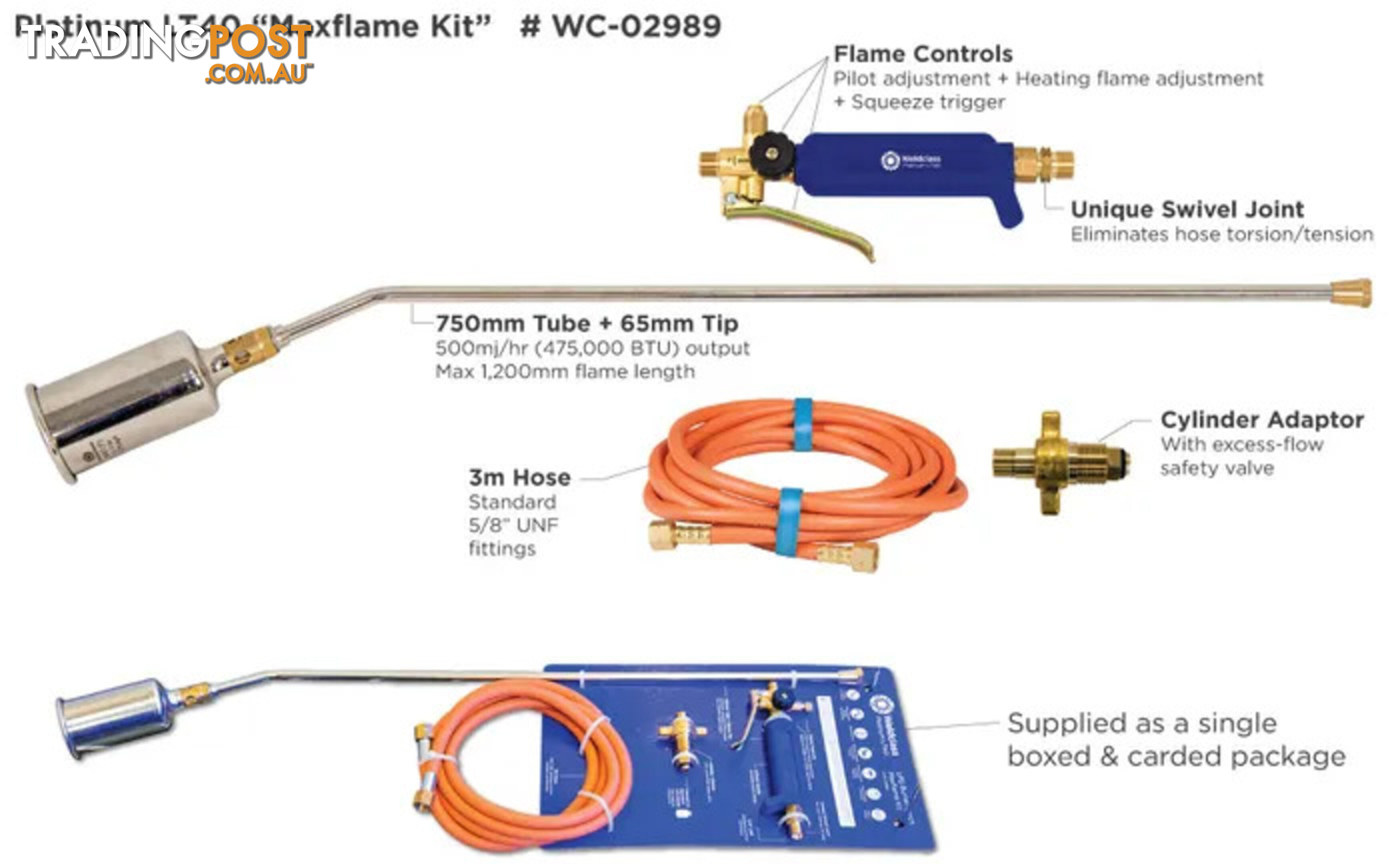 LPG Burner Torch Kit Maxflame 750mm Tube 3 Metres Hose Weldclass WC-02989