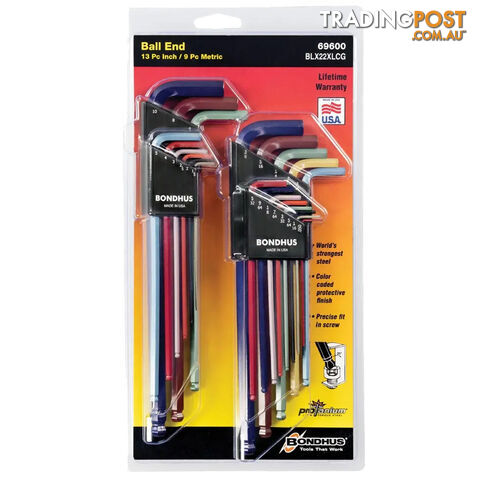 L-Wrench Hex Key Set - Ball End - ColorGuard - 9Pce Metric + (22 Pieces) Bondhus...