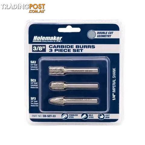 Carbide Burr Set, Blister Pack 3-Piece SA3, SC3, SF3 Holemaker CB-SET-33