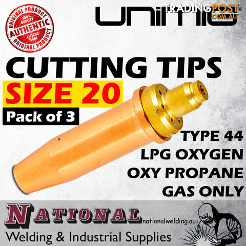 Unimig Type 44 LPG Oxygen Cutting Tips Size 20 Nozzle Oxy Propane Gas Only CNP44-20 Pack of 3 - photo 2 of 3