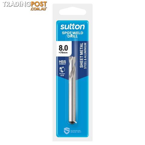 Drill D203 Spot Weld HSS-Cobalt FLT Shank 8 x 8 x 79mm Sutton Tools D2030080