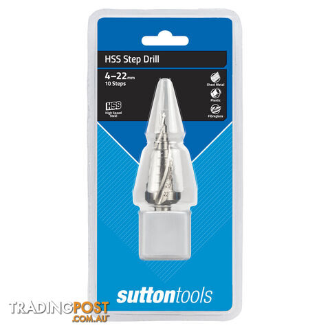 10-STEP HSS SPIRAL FLUTE STEP DRILL BIT 4-22MM Sutton D50442210