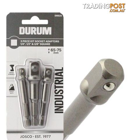 Socket Adaptor 3 Piece Kit 1/4 Hex 1/7 , 3/8 , 1/2 sq Kit Durum DB820 - photo 3 of 3