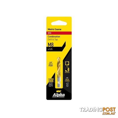 M8 x 1.25 HSS Combination Drill & Tap Tin Coated Alpha DTMC080