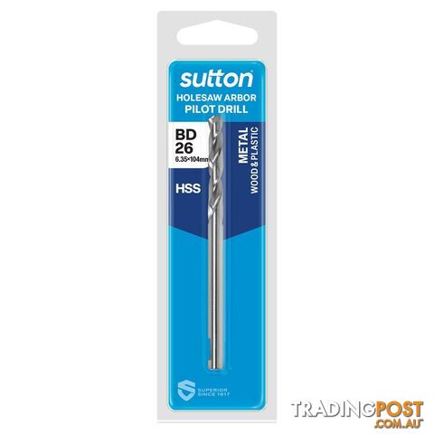 Drill H122 BD26 Pilot HSS 6.35 x 105MM 1 Pack Hangpack Sutton Tools H112BD26