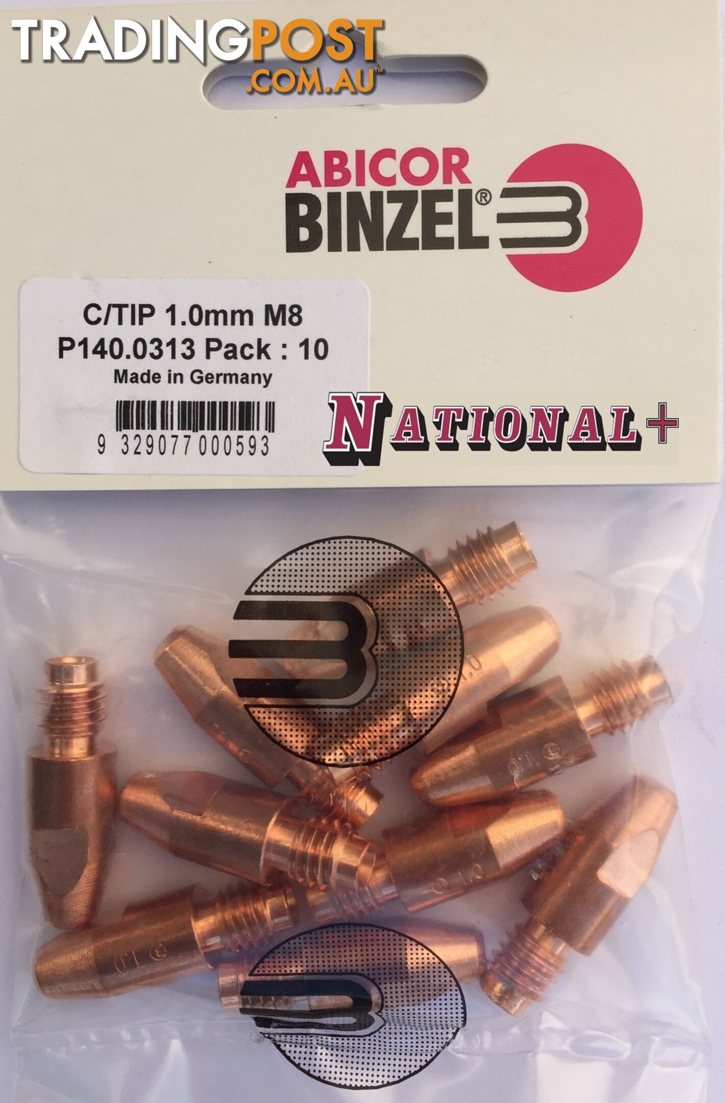 0.9mm Aluminium M8 10mm 30mm Binzel contact tip Pk:10 P141.0043