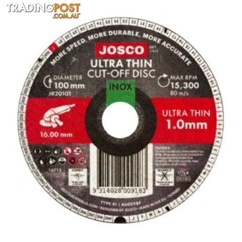 Cut-Off Disc Ultra Thin Stainless 100 x 1.0mm 16mm JR20101 Pack of 25