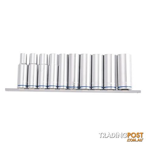 Deep Socket Set on Clip Rail 10 Piece Mirror Polish 1/2" Metric Kincrome K2181