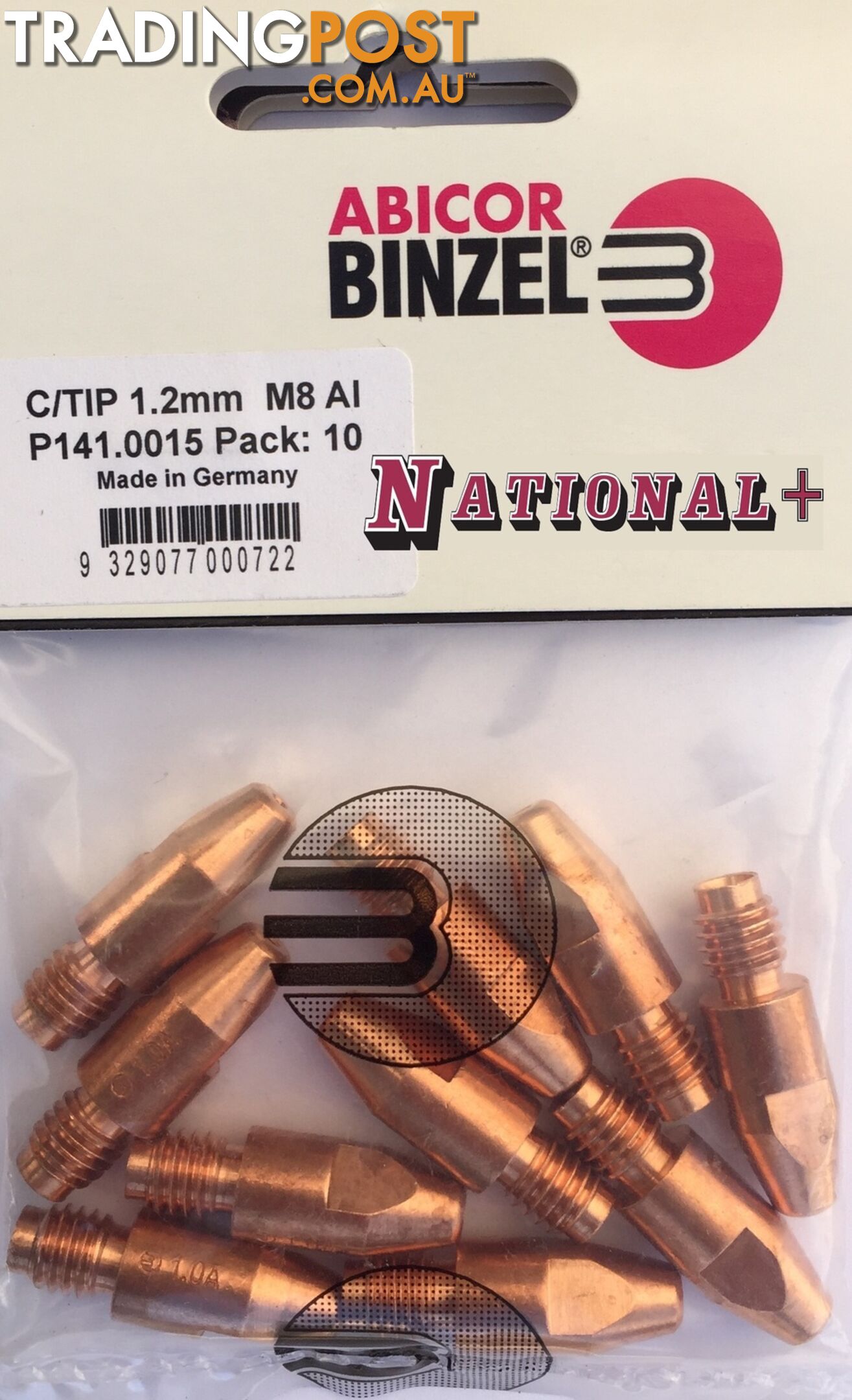 1.2mm Aluminium M8 10mm 30mm Binzel contact tip Pk:10 P141.0015