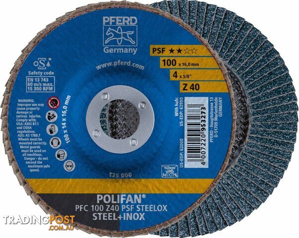 Flap Disc Polifan 100mm 4" 40G GP Zirconia Inox Pferd 67764100 Pack of 5