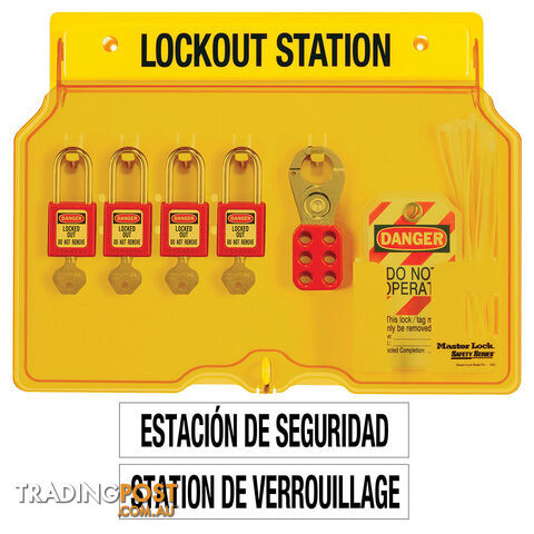4-Lock Covered Station with 410RED Zenexâ¢ Thermoplastic Padlocks Masterlock 1482BP410