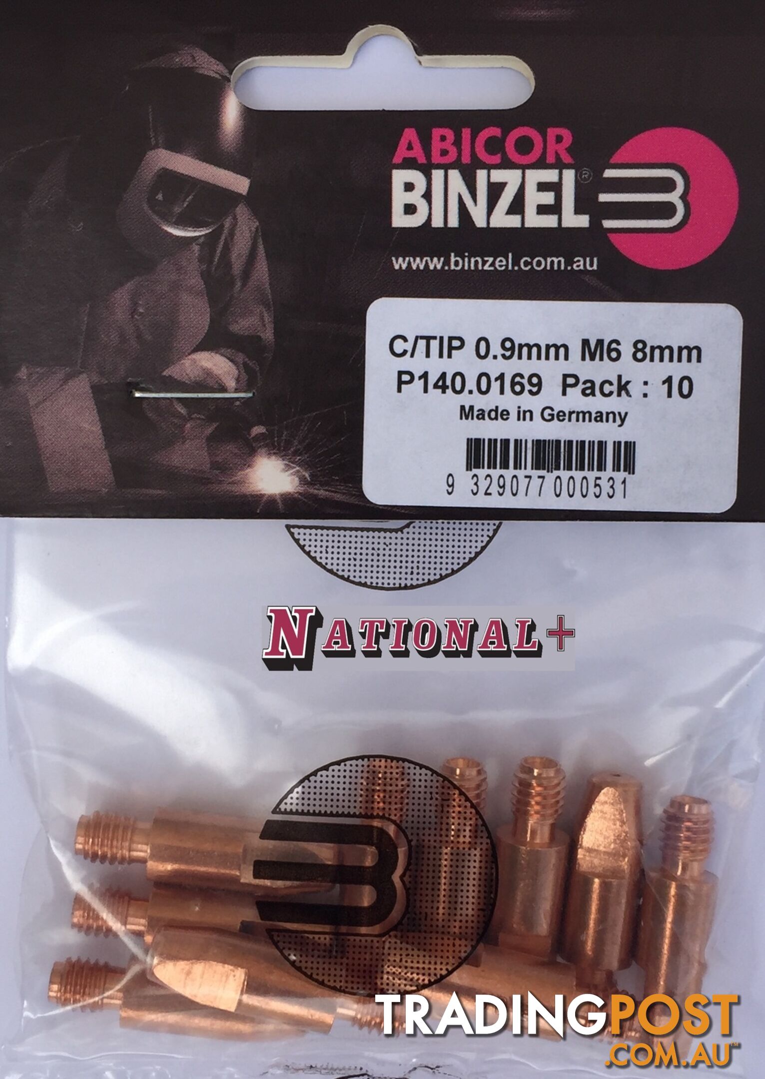 0.9mm Steel M6 8mm 28mm Binzel contact tip Pk:10 P140.0169