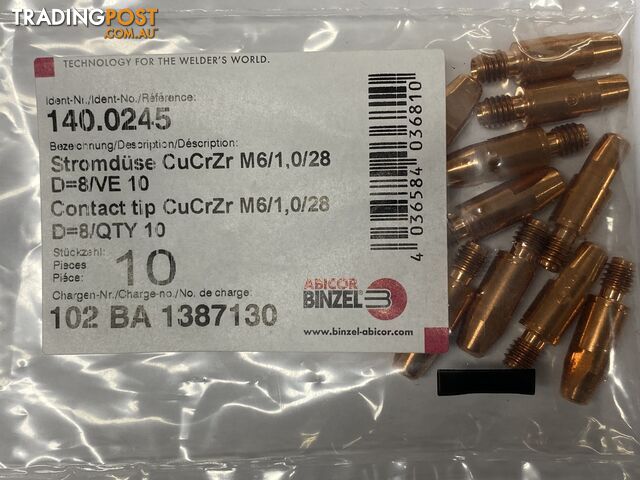 CuCrZr 1.0mm M6 8mm CCZ Contact Tip Heavy Duty Binzel P140.0245 Pkt : 10