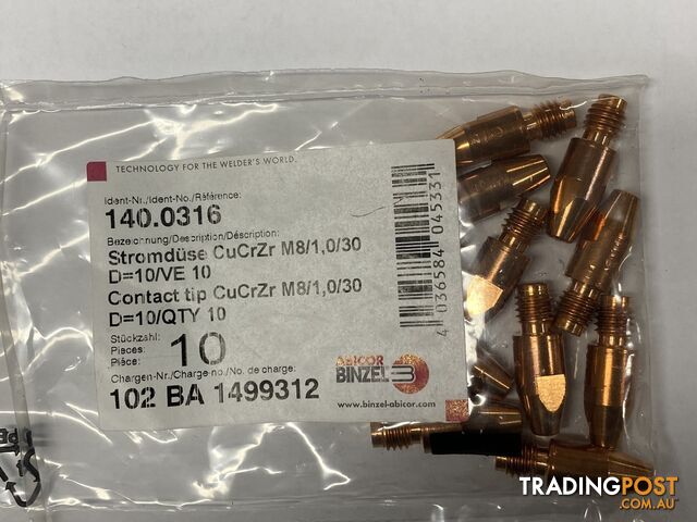CuCrZr 1.0mm M8 CCZ Contact Tip Heavy Duty Binzel P140.0316 Pkt : 10