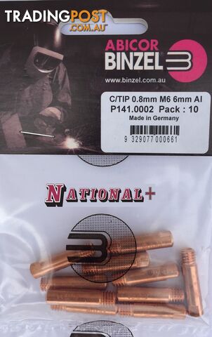 0.8mm Aluminium M6 6mm 25mm Binzel contact tip Pk:10 P141.0002