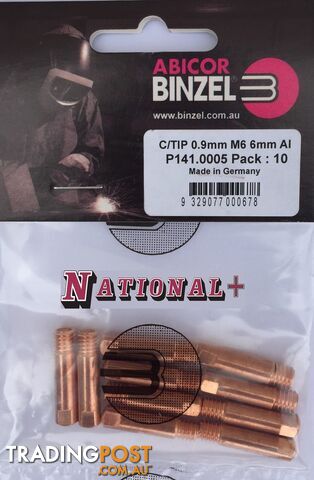 0.9mm Aluminium M6 6mm 25mm Binzel contact tip Pk:10 P141.0005