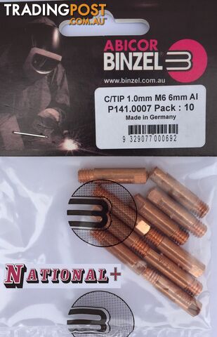 1.0mm Aluminium M6 6mm 25mm Binzel contact tip Pk:10 P141.0007