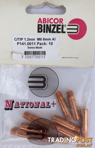 1.2mm Aluminium M6 6mm 25mm Binzel contact tip Pk:10 P141.0011