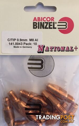 0.9mm Aluminium M8 10mm 30mm Binzel contact tip Pk:10 P141.0043