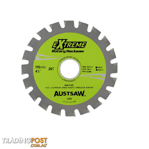 Austsaw - 115mm (4.5in) Rotary Hacksaw Blade - 22.2mm Bore - 20 Teeth...