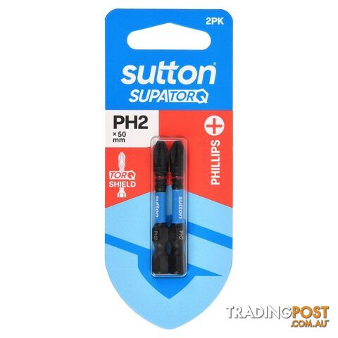 Screwdriver Bit S200 Supa TORQ Phillips PH2 50mm 2Pk Sutton Tools S200H02B02