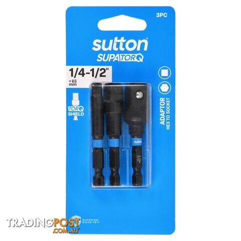 Bit Adaptor S240 Hex to Socket Set 1/4 3/8 1/2in 65mm 3Pc Sutton Tools...