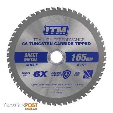 165mm Sheet Metal Cutting Blade, C6 Carbide Tipped, 56 Teeth ITM SSBL-SM1652056