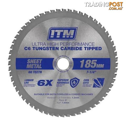 185mm Sheet Metal Cutting Blade, C6 Carbide Tipped, 60 Teeth ITM SSBL-SM1852060