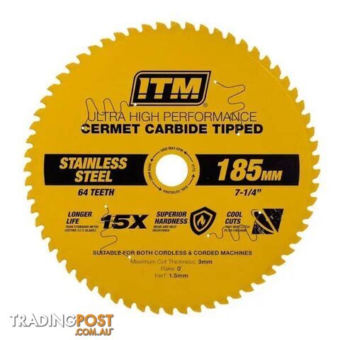 185mm Stainless Metal Cutting Blade, Cermet Carbide Tipped, 64 Teeth ITM...