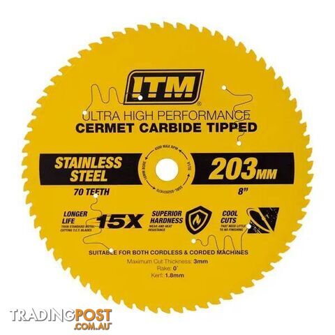 203mm Stainless Steel Metal Cutting Blade, Cermet Carbide Tipped, 70 Teeth ITM...