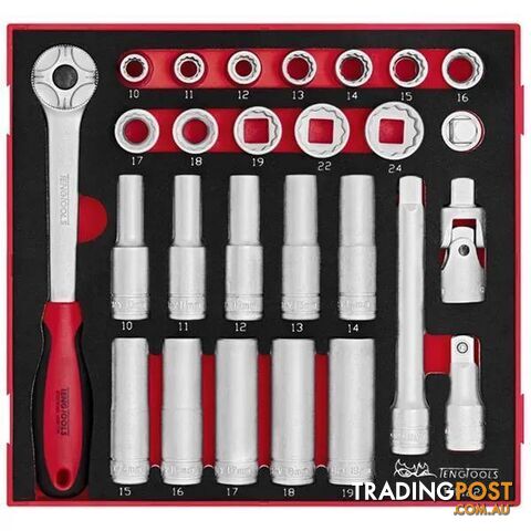 1/2" Dr. Socket & Accessories Set 10-24mm 27-Piece TED-Tray Teng Tools...