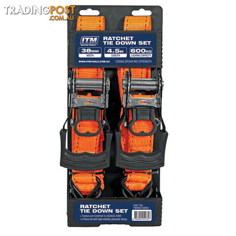 Ratchet Strap, 2 Pack, 38mm Width, 4.5m Length 600Kg ITM TM9402-03804