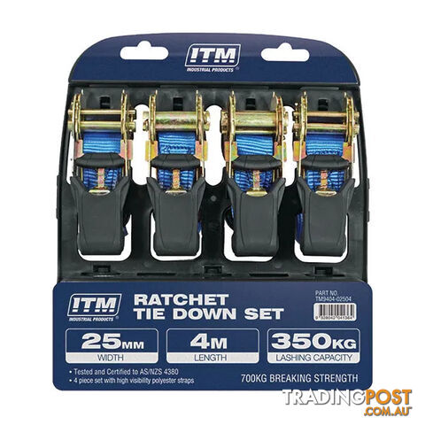 Ratchet Strap, 4 Pack, 25mm Width, 4m Length 350Kg ITM TM9404-02504