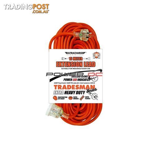 Extension Lead 10 Amp Plug 15 Metres With 1.5mm Sq conductor 240V AC Ultracharge...