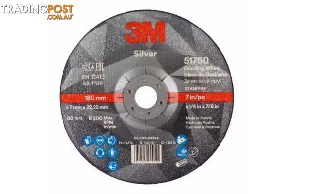 Silver Depressed Centre Grinding Wheel 180x 7x 22.23mm 3M UU009017334 Each