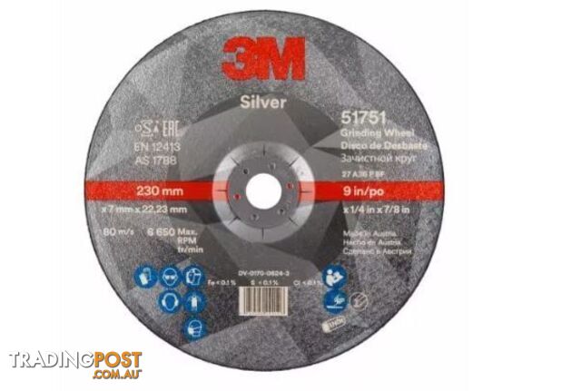 Silver Depressed Centre Grinding Wheel 230x 7x 22.23mm 3M UU009017342 Each