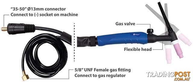TIG Torch 26FV 4m with large 35-50/13mm connector & 5/8" UNF gas fitting...