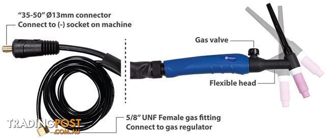 TIG Torch 26FV 8m with large 35-50/13mm connector & 5/8" UNF gas fitting...