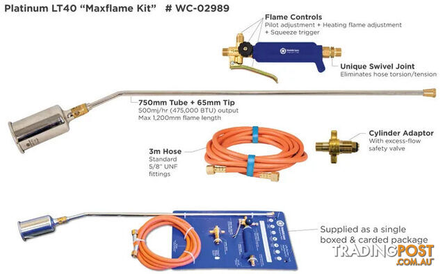 LPG Burner Torch Kit Maxflame 750mm Tube 3 Metres Hose Weldclass WC-02989