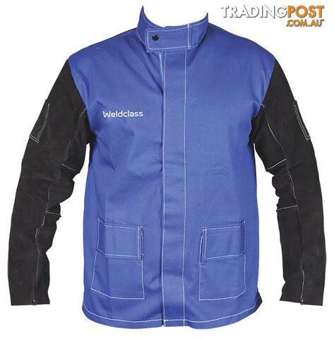 Promax Jacket BF3 Blue FR with Leather Sleeves Large Weldclass WC-04658