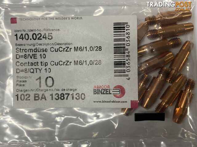 CuCrZr 1.0mm M6 8mm CCZ Contact Tip Heavy Duty Binzel P140.0245 Pkt : 10